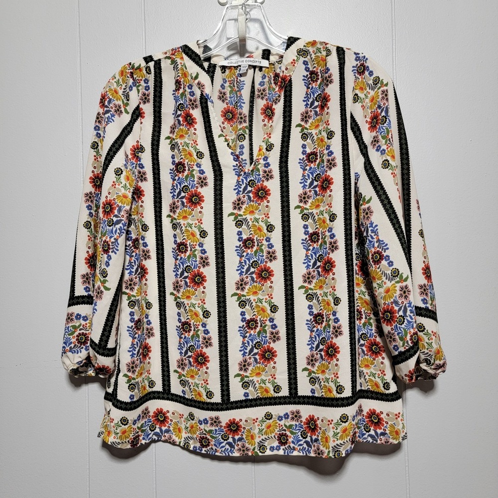 COLLECTIVE CONCEPTS Women's XSP Floral Striped 3/4 Sleeve V Neck‎ Blouse Top